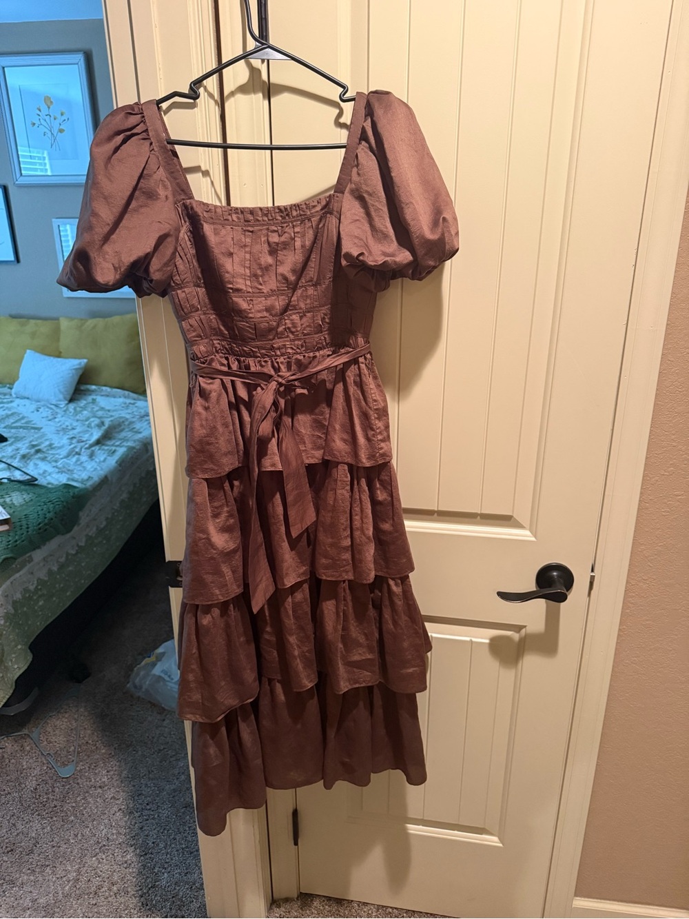 ANTONIO MELANI Tiered Puff-Sleeve Midi Dress in Cocoa Brown